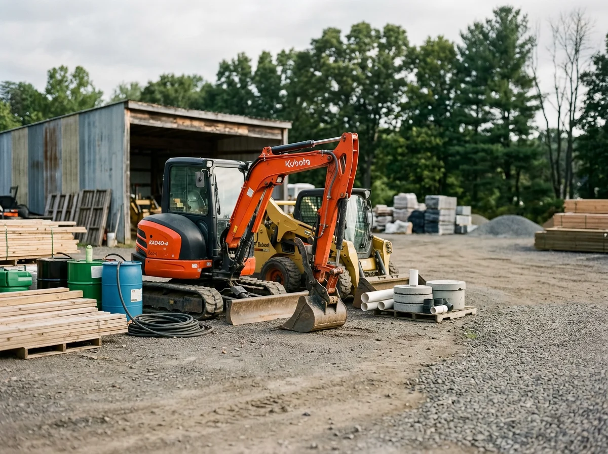 Construction equipment and tools on a job site, ready for excavation and site preparation work.