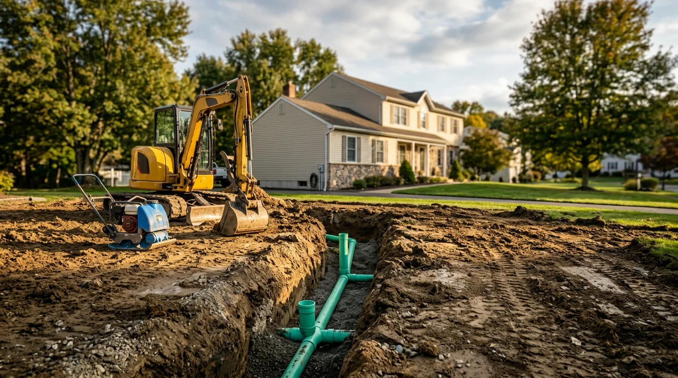 Sewer line installation work on a residential property