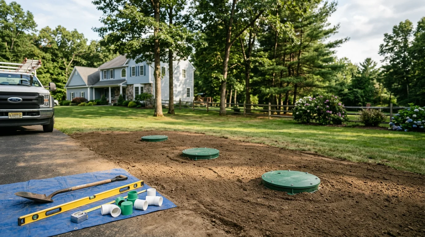 Septic system installation equipment on a residential property