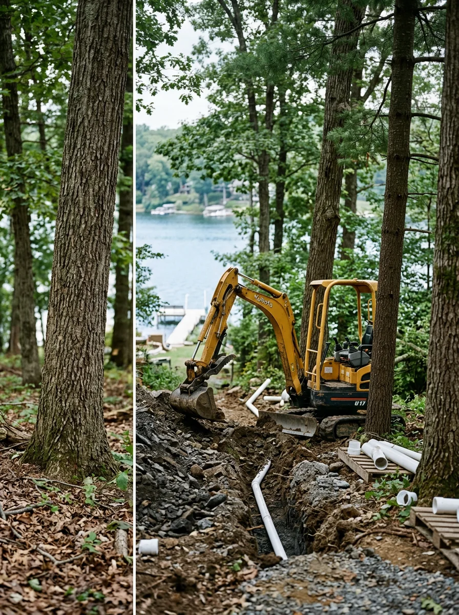 Septic system installation on a narrow Lake Hopatcong shoreline lot in Jefferson Township, NJ with compact excavation equipment working between mature trees.