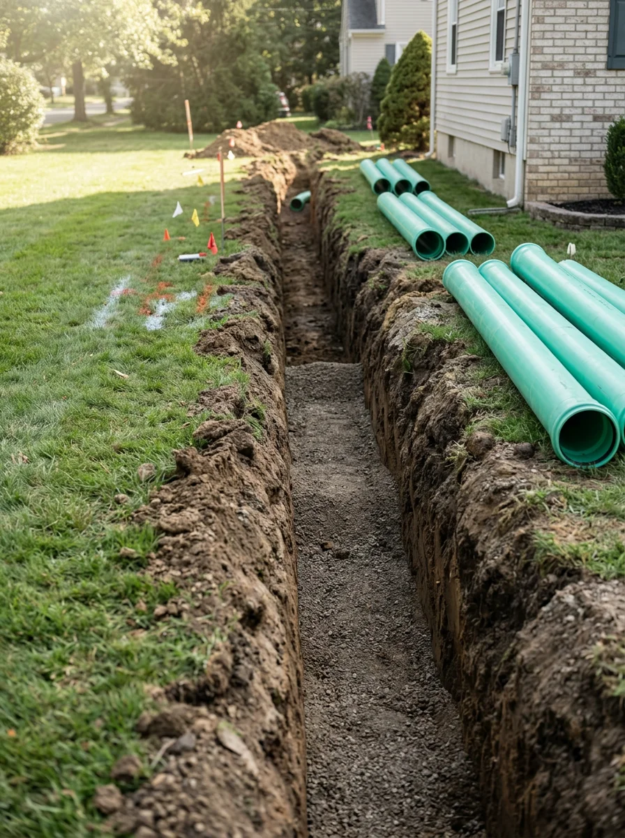 New sewer lateral installation on a Riverdale, NJ residential lot showing the open trench and pipe placement before backfill.