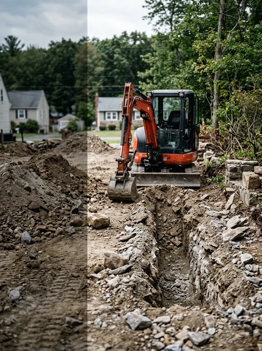 Compact excavation equipment working on a tight residential lot near Lake Mohawk in Sparta, NJ with rocky soil exposed in the trench.