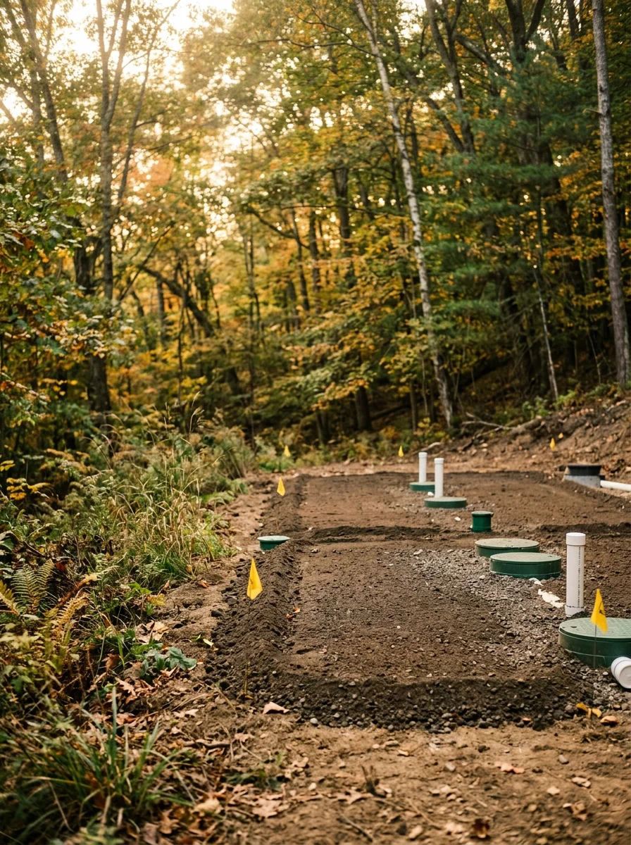 Completed septic system installation on a rural Sussex County lot with graded soil and a forested hillside in the background.