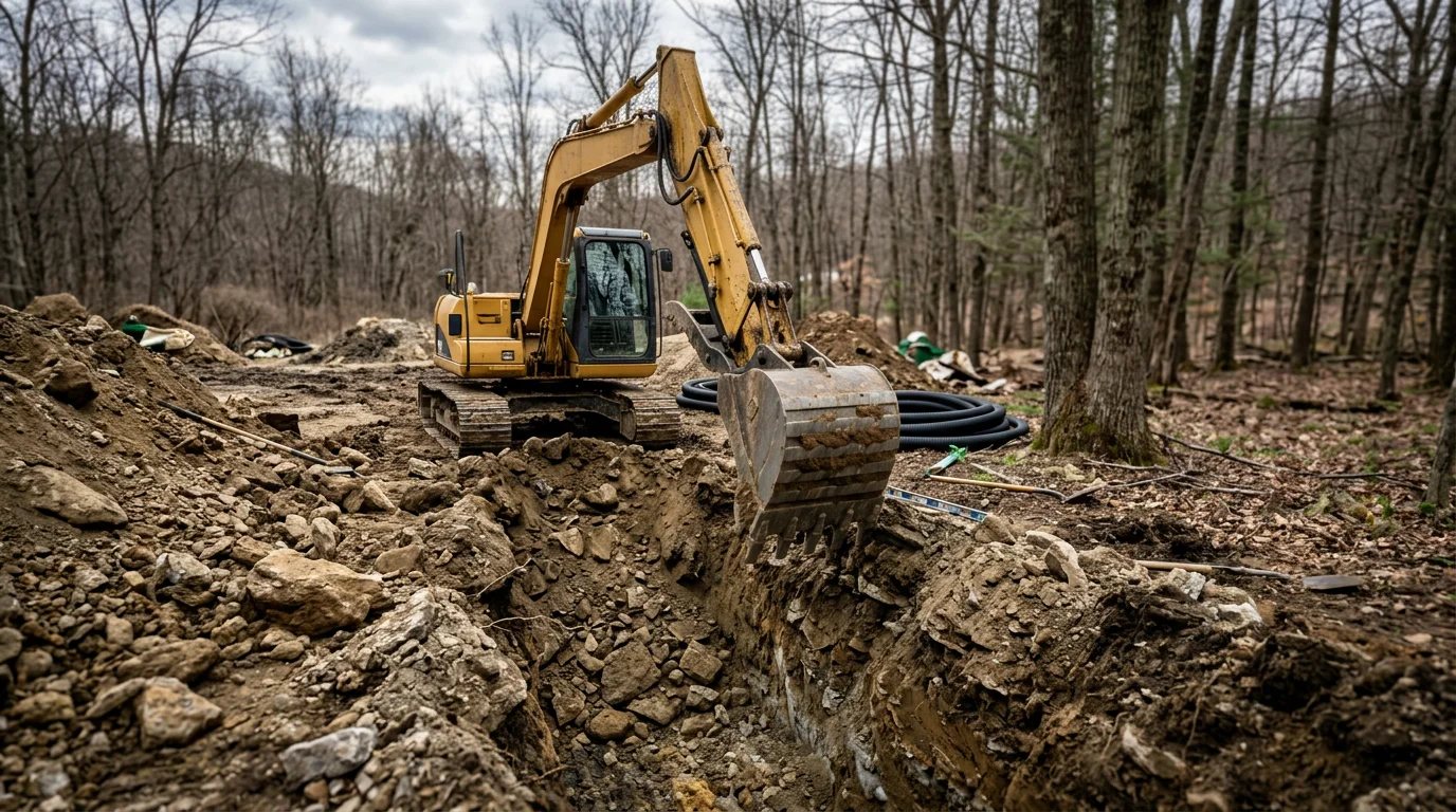 Excavator digging a septic system trench on a wooded Sussex County, NJ property with rocky soil visible in the trench walls.