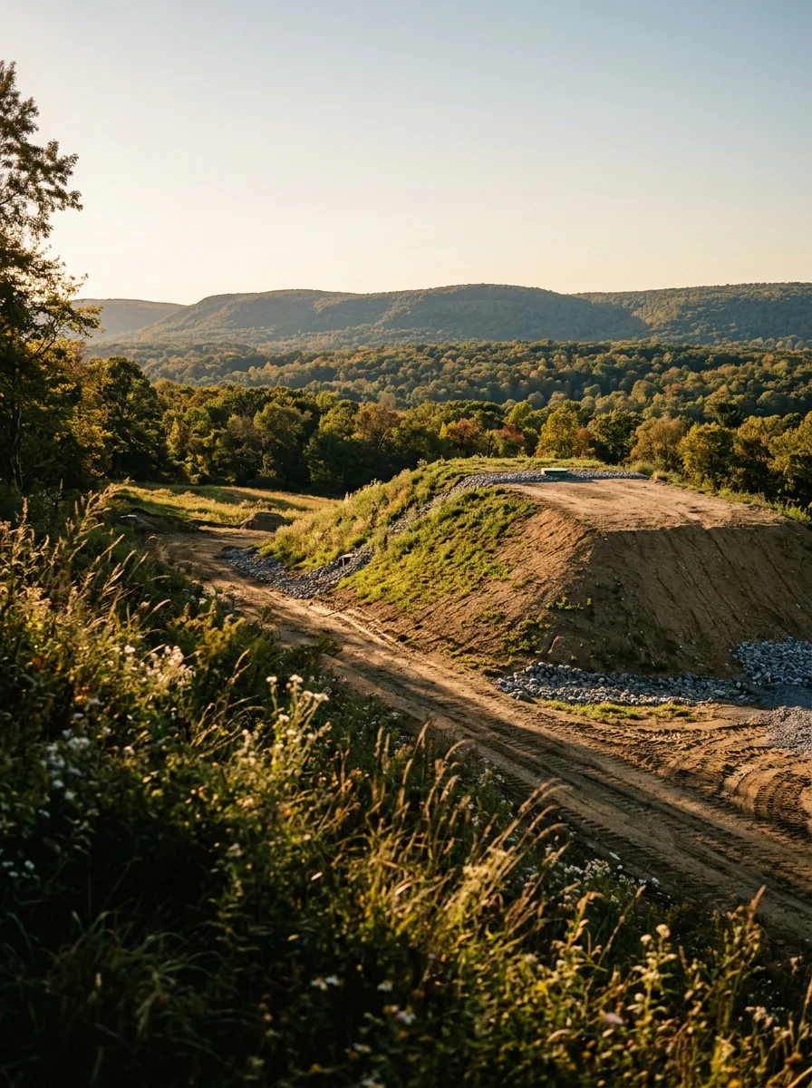 Graded rural property in Wantage, NJ showing a completed septic mound system with the Kittatinny Valley landscape behind it.