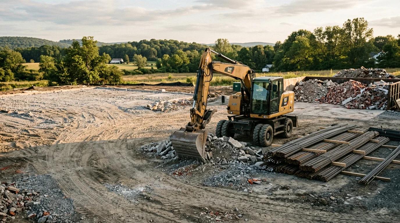 A full building teardown in progress on a rural Sussex County, NJ property, with the structure fully collapsed and the surrounding lot cleared. A small family-operated demolition crew works the site near Vernon, NJ.