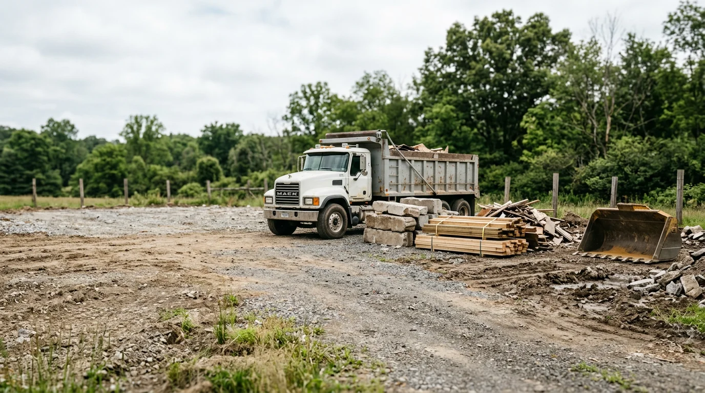 A cleared residential property in Vernon, NJ with a loaded debris haul truck parked on site after construction waste removal. Concrete rubble, scrap wood, and mixed demolition material are staged for transport on a rural Sussex County lot.