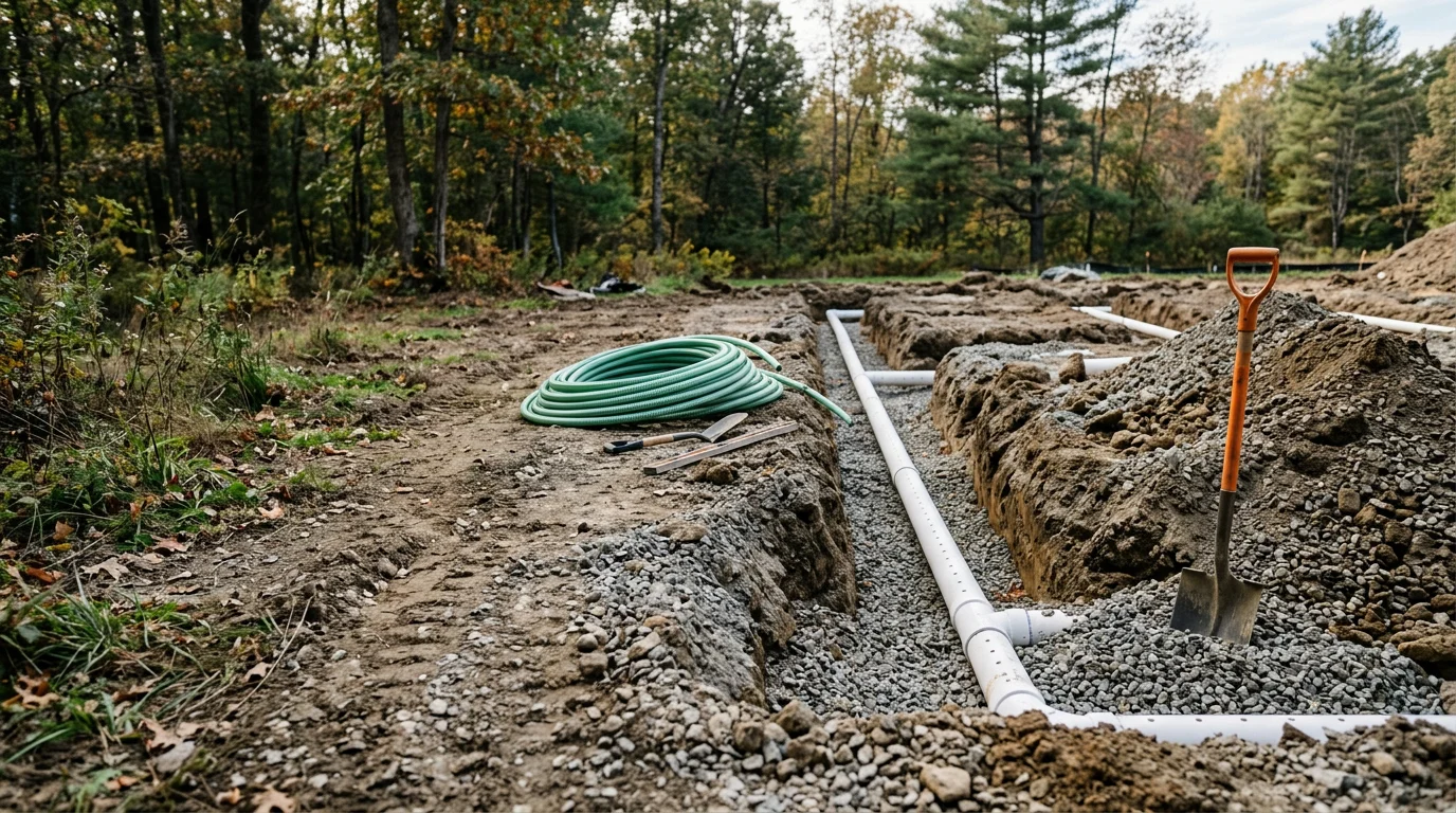 A freshly graded drain field installation on a residential property in Vernon, NJ, with disturbed soil showing the excavated leach lines and surrounding Sussex County wooded landscape.
