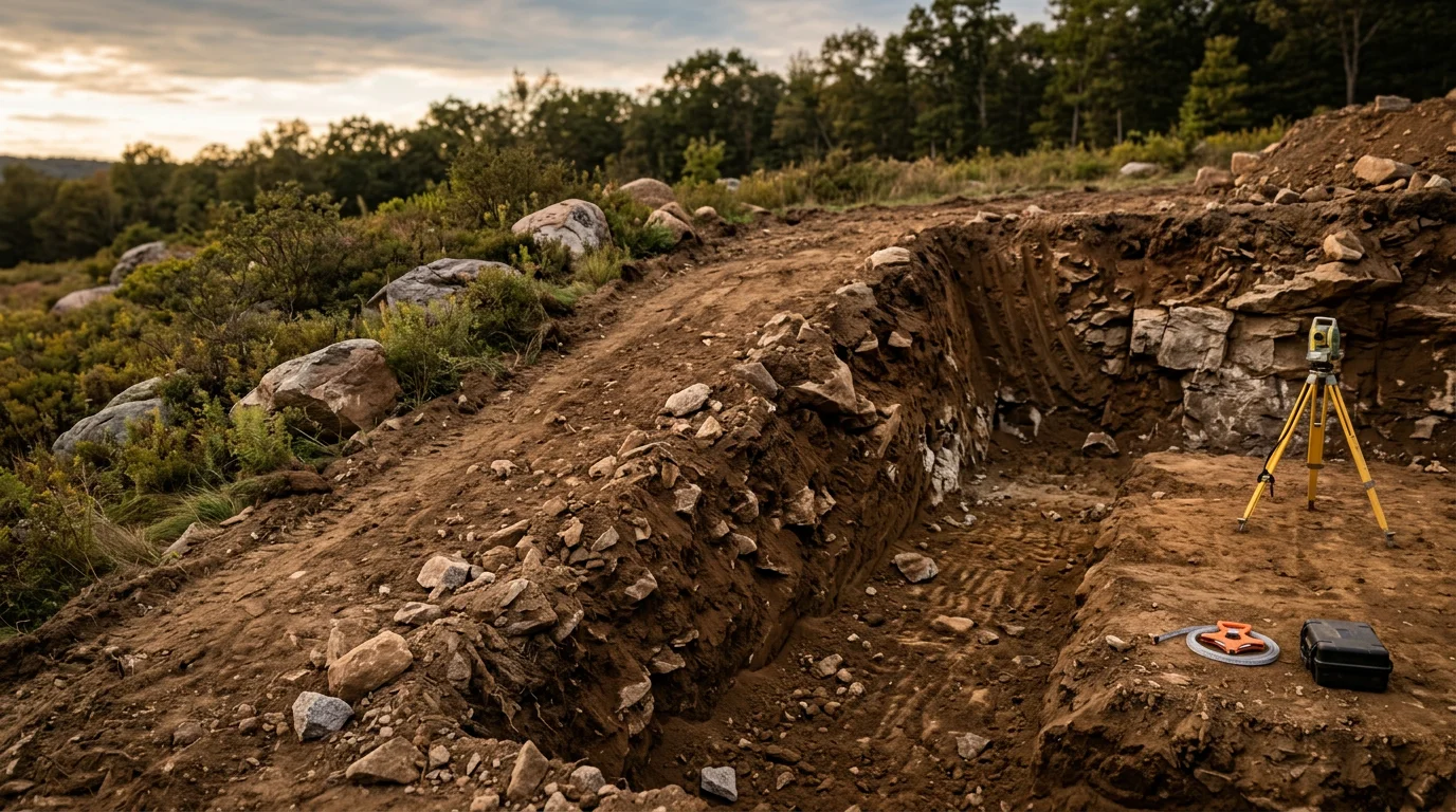 Foundation excavation in progress on a residential lot in Vernon, NJ, showing a deep, clean-cut trench dug into rocky Sussex County soil with sloped terrain visible in the background.