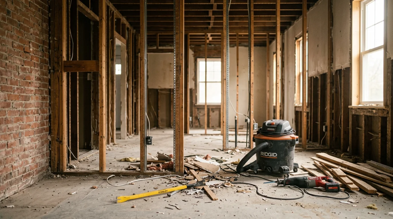 Interior of a Sussex County, NJ home mid-demolition with walls stripped to studs and flooring removed, ready for renovation. A cleared residential room in Vernon, NJ showing exposed framing after interior demolition work by Little K Construction Inc.