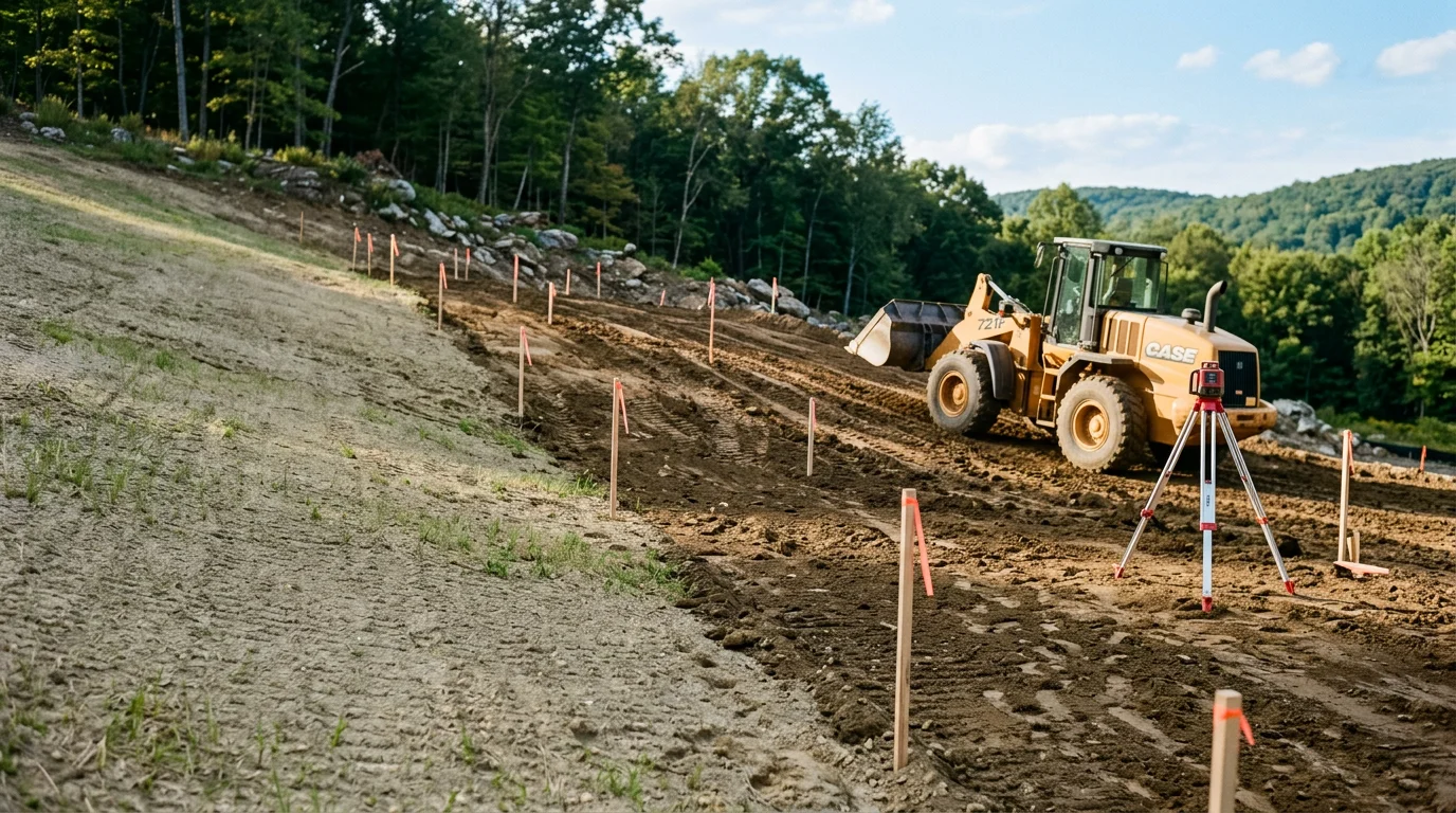 A residential property in Vernon, NJ with freshly graded soil sloping away from the home's foundation. The leveled ground is smooth and ready for lawn seeding, with surrounding Sussex County hillside terrain visible in the background.
