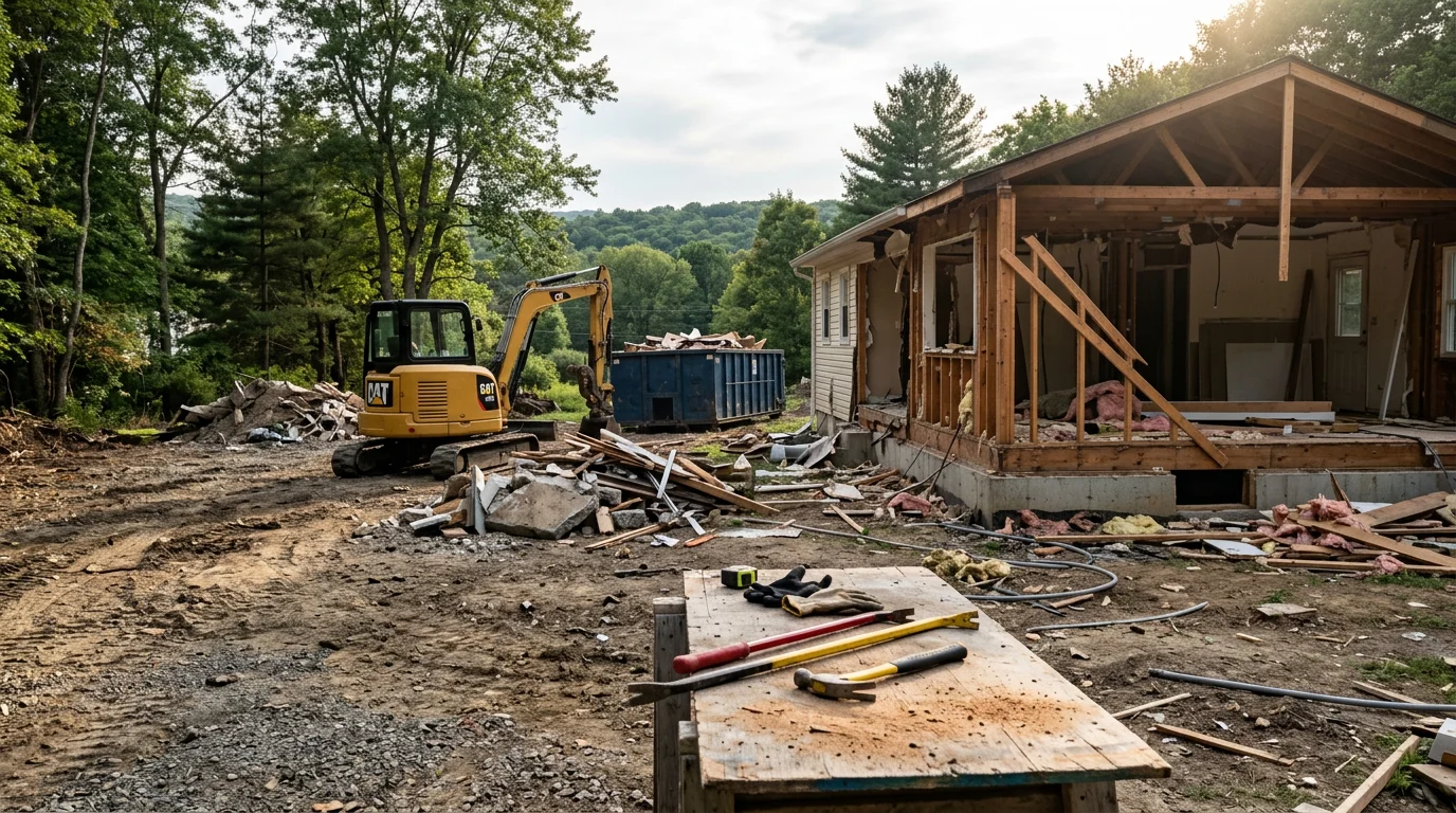 A cleared residential lot in Vernon, NJ after a full house teardown by Little K Construction Inc. The foundation area is exposed and the surrounding property is free of structural debris.