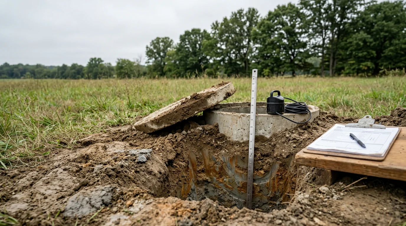 A septic system inspection underway at a residential property in Vernon, NJ, with a technician examining the open tank access point in a grassy yard. Sussex County wooded terrain is visible in the background.