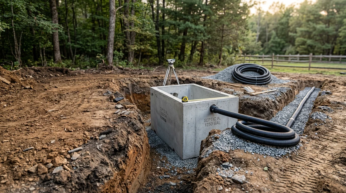 A newly installed septic tank and drain field on a rural residential lot in Vernon, NJ, with freshly graded soil and a wooded Sussex County hillside in the background. Little K Construction Inc. crew equipment is visible near the completed installation site.