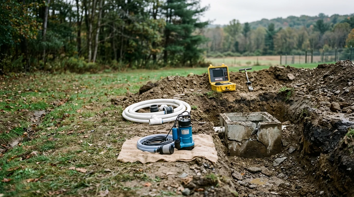 A septic system distribution box being repaired in a Sussex County, NJ backyard, with excavated glacial soil visible around the concrete component. A technician from Little K Construction Inc. inspects the outlet pipes during a residential septic repair in Vernon, NJ.