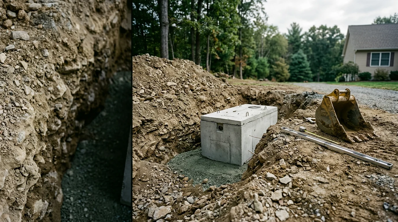 A new septic tank being set into an excavated pit on a residential property in Vernon, NJ, with Sussex County wooded terrain visible in the background. The surrounding soil has been carefully graded in preparation for backfill and site restoration.