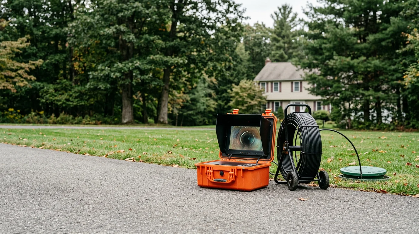 A sewer camera inspection being performed on a residential property in Vernon, NJ, with the camera feed displaying the interior condition of an underground sewer lateral. The surrounding landscape reflects the wooded, rural character of Sussex County.