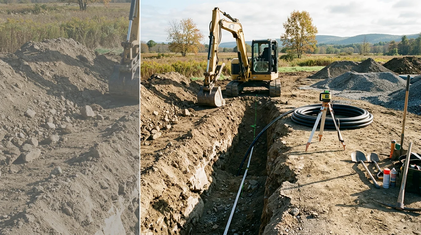 A freshly excavated trench in a residential yard in Vernon, NJ showing a newly installed sewer lateral running toward the street. Rocky Sussex County soil is visible along the trench walls during the backfill stage.