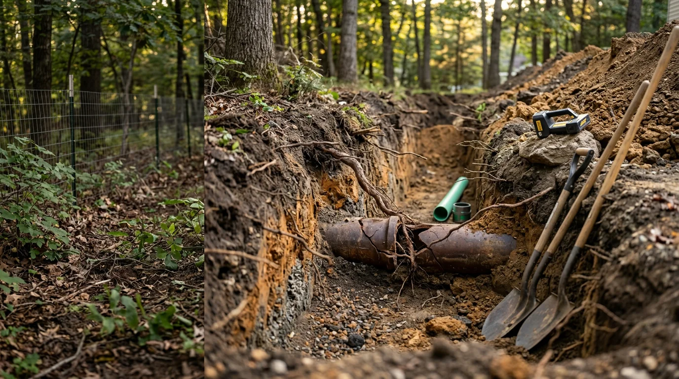 An open excavation trench alongside a residential property in Vernon, NJ showing a damaged sewer lateral being repaired. A crew member works at the pipe level while the surrounding lawn and mature trees are visible in the background.