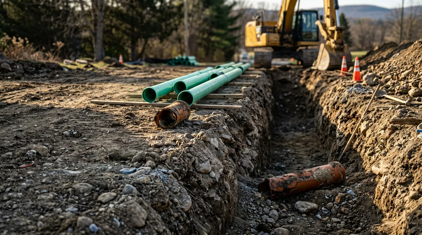 Open trench sewer line replacement in progress at a residential property in Vernon, NJ, showing excavated ground and new pipe being set in rocky Sussex County soil. A small construction crew works directly alongside the homeowner's yard with backfill equipment staged nearby.