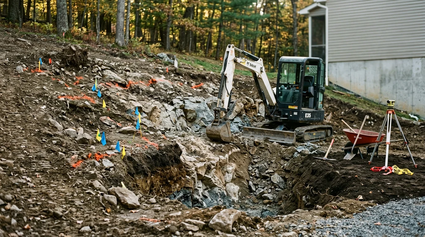 Excavation in progress for a residential home addition on a rocky Sussex County, NJ property, with the existing home foundation visible and cleared soil ready for footing work.