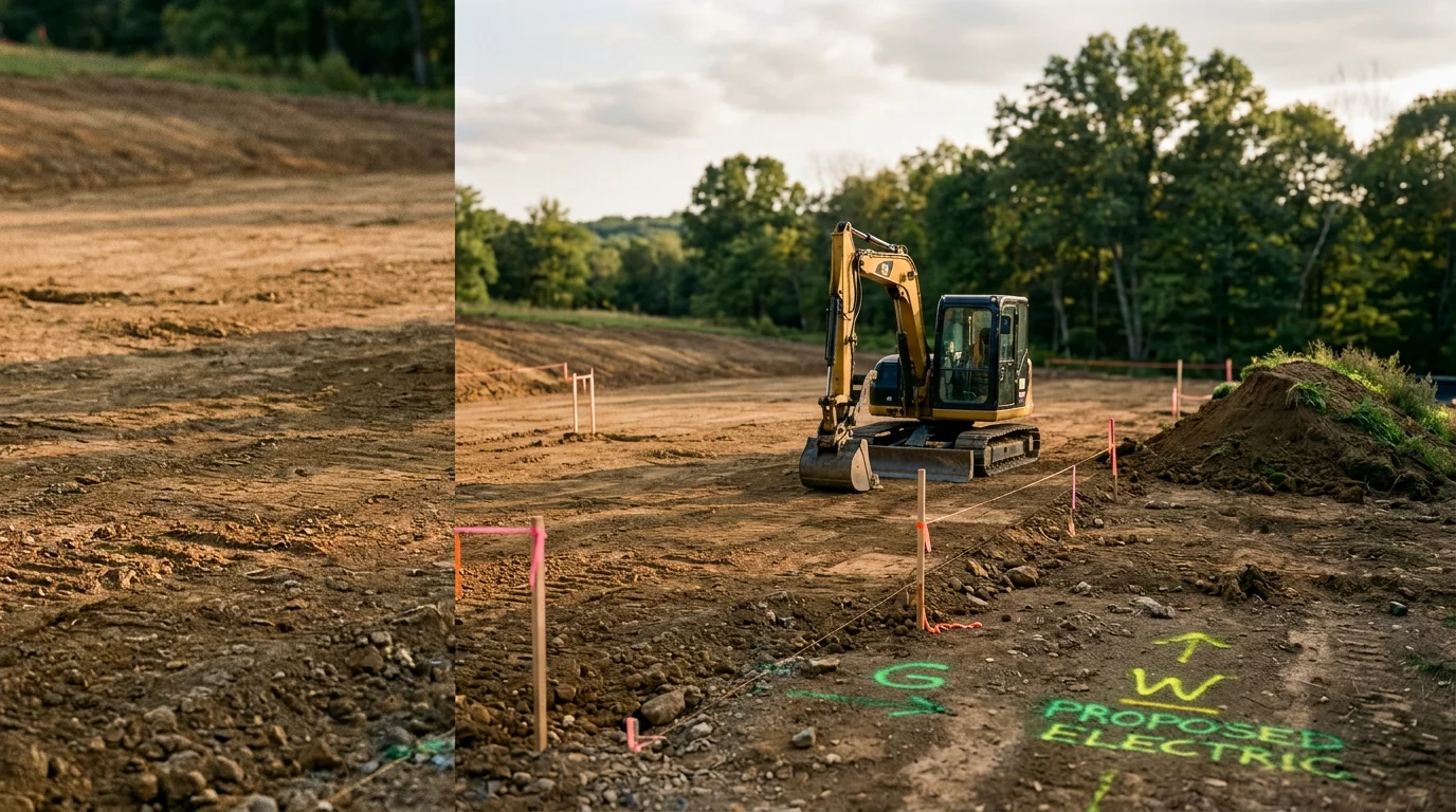 A tracked excavator cutting and removing soil on a sloped residential lot in Vernon, NJ, with cleared ground prepared for new home construction. Rocky terrain and tree lines typical of Sussex County are visible in the background.