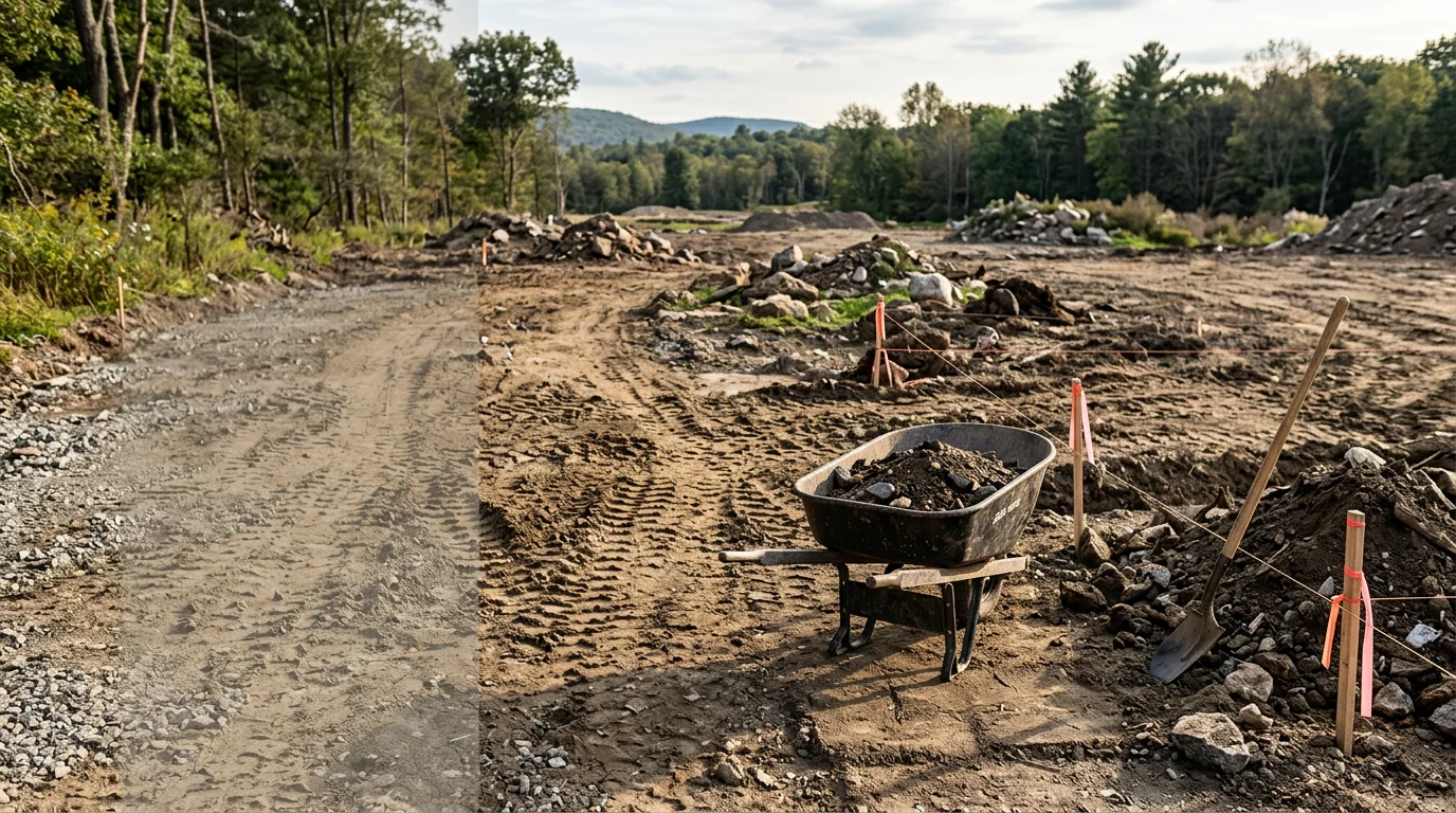 A cleared and leveled residential construction site in Vernon, NJ, with rocky Sussex County terrain visible at the lot edges and bare, graded soil ready for building. Heavy equipment tracks mark the freshly worked ground where vegetation and debris have been removed.