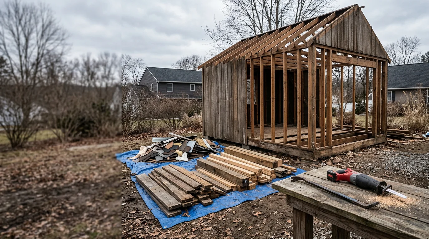 A deteriorated wooden shed being dismantled and removed from a residential property in Vernon, NJ. The surrounding yard and tree line typical of Sussex County are visible in the background.