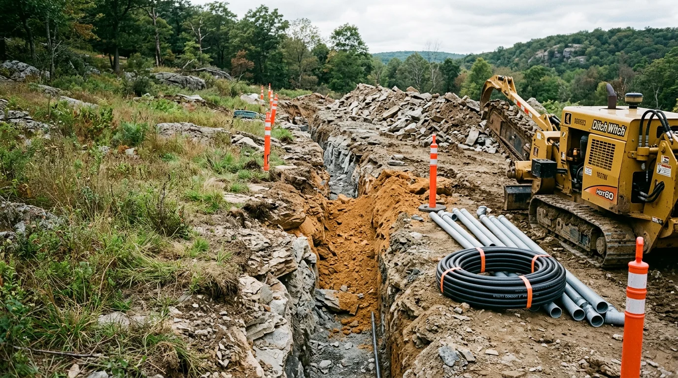 An excavated utility trench cut through rocky, clay-mixed soil on a residential property in Vernon, NJ, with underground utility pipe laid and ready for backfill. Sussex County Highlands terrain and a partially restored lawn surface visible in the background.